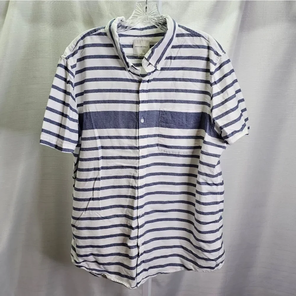 American Eagle Outfitters White and Blue Striped Cotton Button Down Shirt XXL
